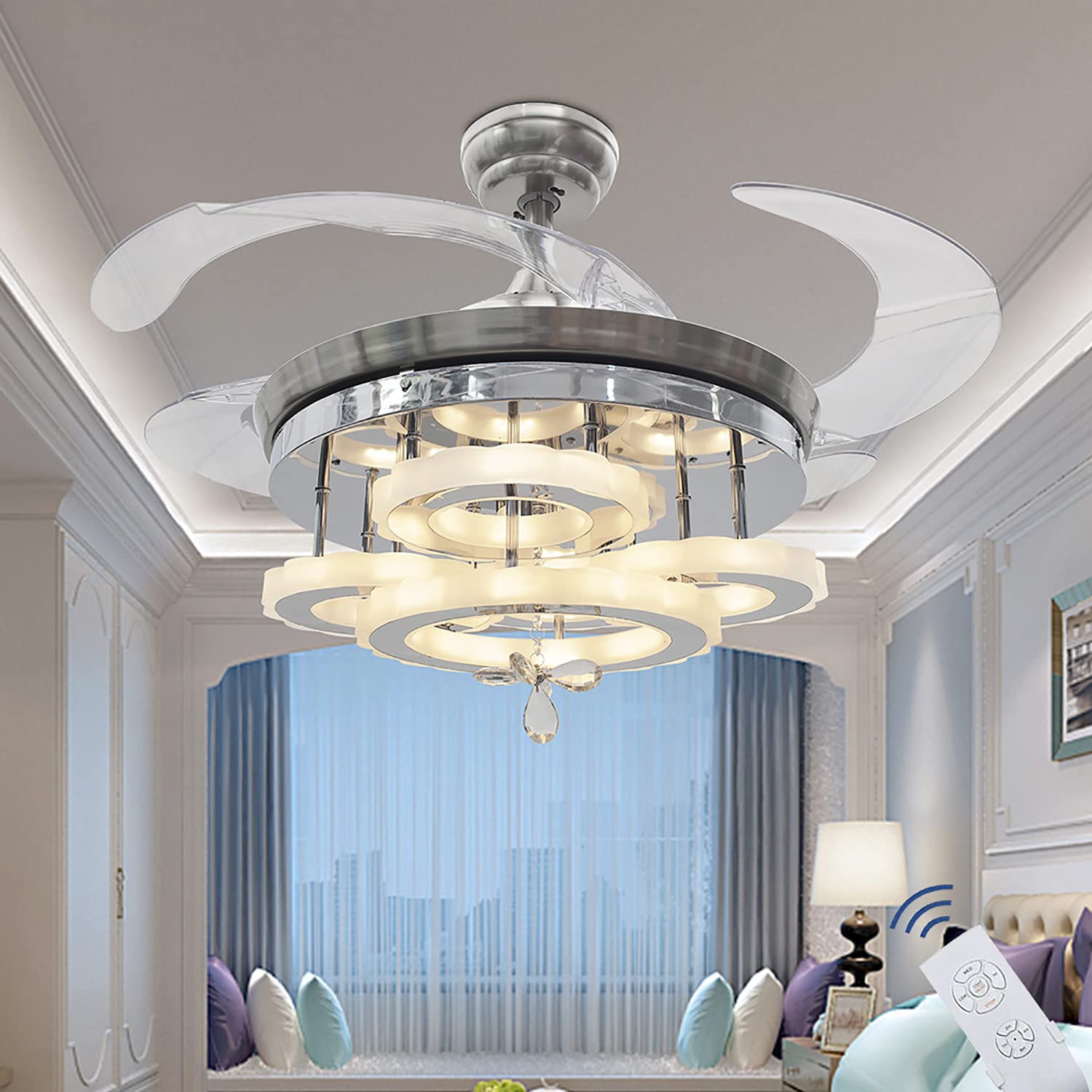 42" Modern Chandelier Fan Ceiling Fan with Lights and Remote Control for Bedroom Modern Ring Chandelier Fan with Retractable Blades for Foyer Chandelier