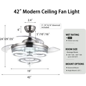 42" Modern Chandelier Fan Ceiling Fan with Lights and Remote Control for Bedroom Modern Ring Chandelier Fan with Retractable Blades for Foyer Chandelier