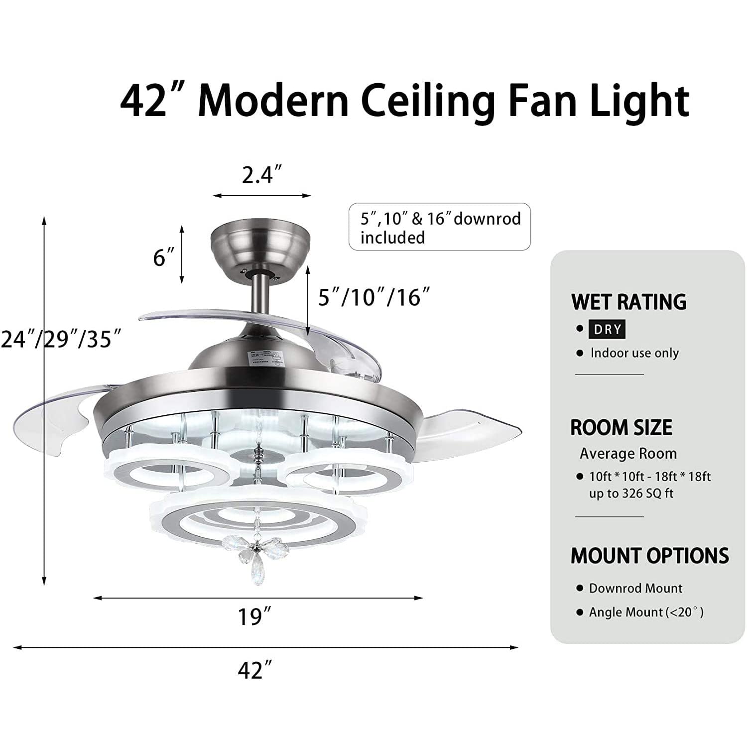 42" Modern Chandelier Fan Ceiling Fan with Lights and Remote Control for Bedroom Modern Ring Chandelier Fan with Retractable Blades for Foyer Chandelier