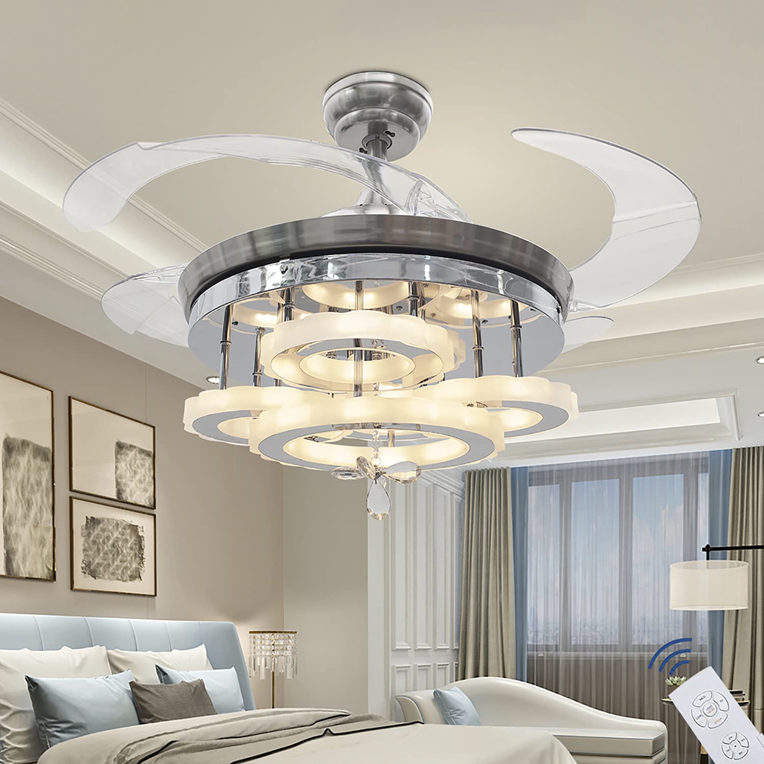 42" Modern Chandelier Fan Ceiling Fan with Lights and Remote Control for Bedroom Modern Ring Chandelier Fan with Retractable Blades for Foyer Chandelier