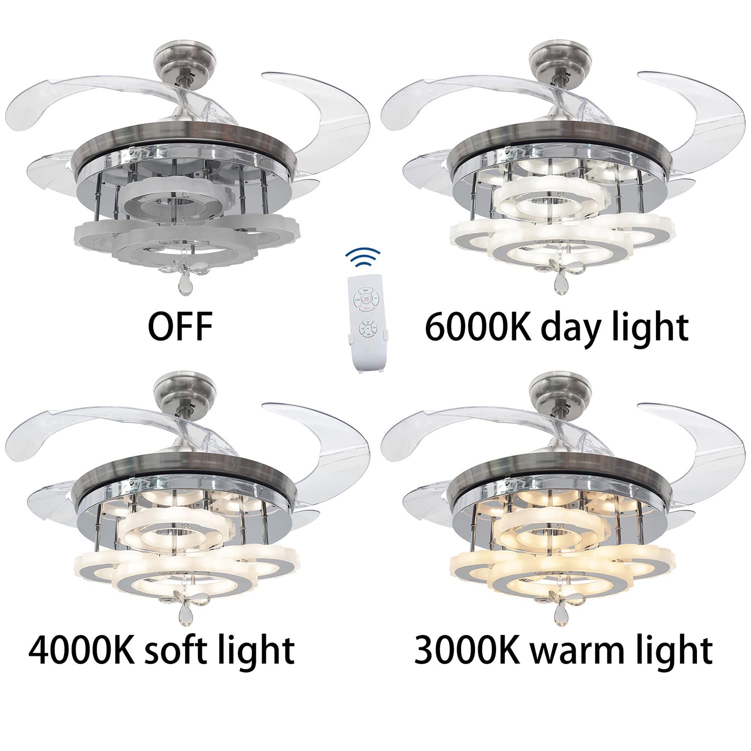 42" Modern Chandelier Fan Ceiling Fan with Lights and Remote Control for Bedroom Modern Ring Chandelier Fan with Retractable Blades for Foyer Chandelier