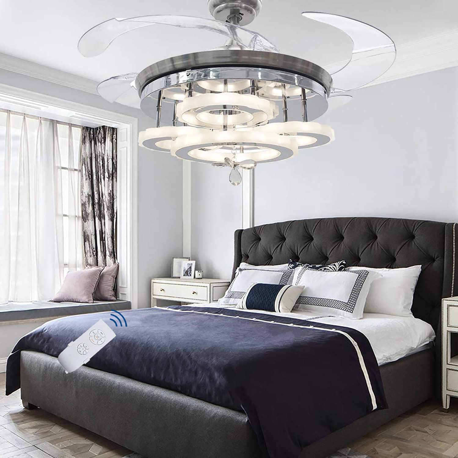 42" Modern Chandelier Fan Ceiling Fan with Lights and Remote Control for Bedroom Modern Ring Chandelier Fan with Retractable Blades for Foyer Chandelier