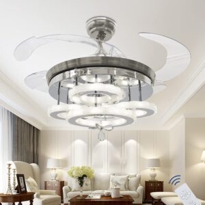 42" Modern Chandelier Fan Ceiling Fan with Lights and Remote Control for Bedroom Modern Ring Chandelier Fan with Retractable Blades for Foyer Chandelier