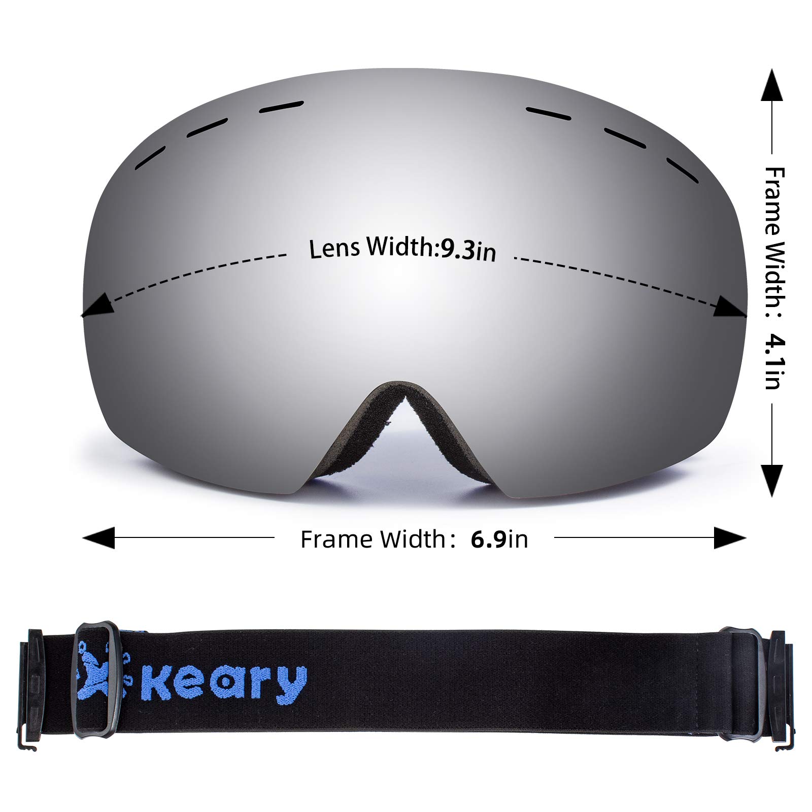 Keary OTG Ski Goggles Snowboard Goggles Over Glasses Snow Sports Goggles for Women Men Adult Youth, Mirrored Double Spherical Lens 100% UV400 Protection Helmet Compatible, Winter Anti-Fog Goggles