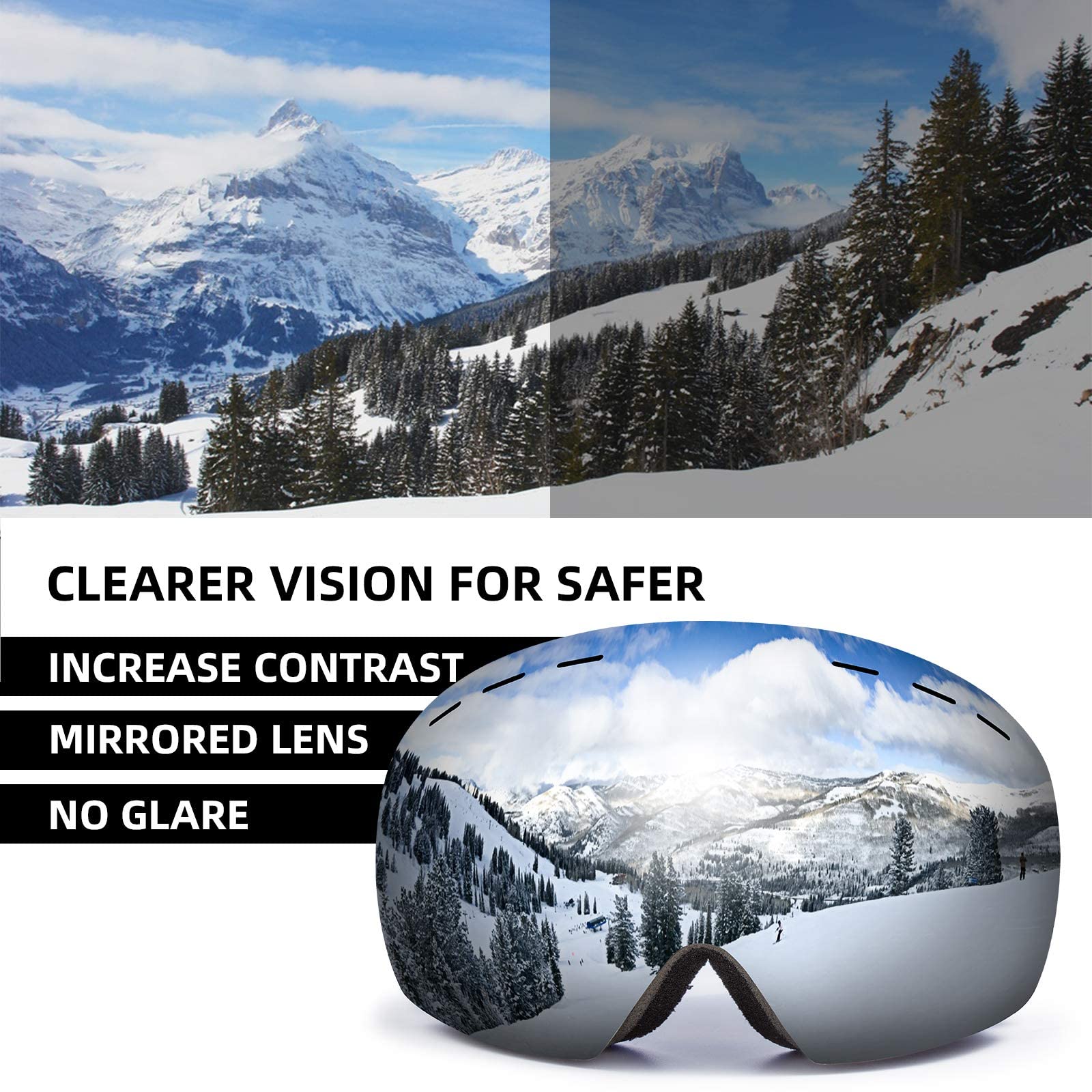 Keary OTG Ski Goggles Snowboard Goggles Over Glasses Snow Sports Goggles for Women Men Adult Youth, Mirrored Double Spherical Lens 100% UV400 Protection Helmet Compatible, Winter Anti-Fog Goggles