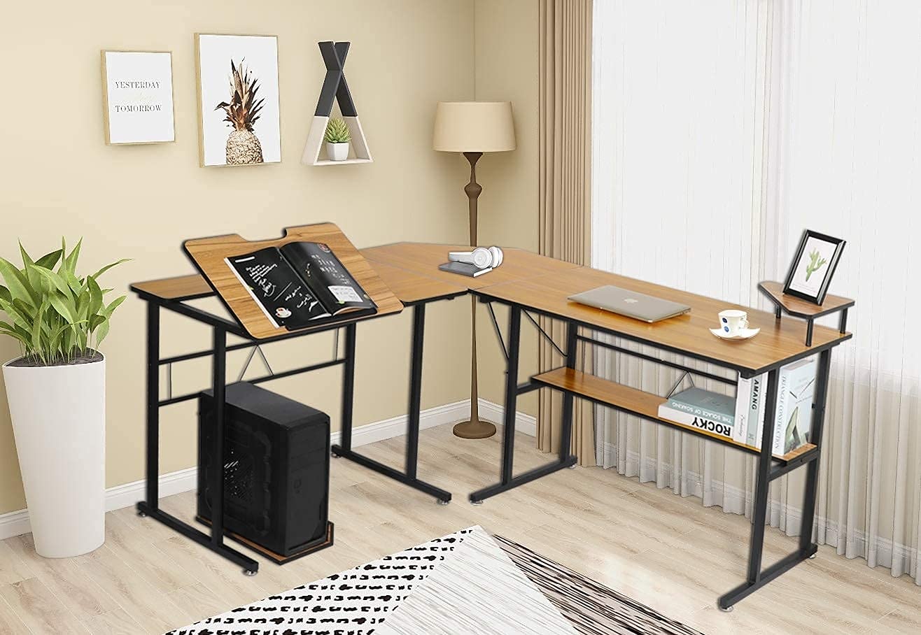 AODAILIHB L-Shaped Desk Corner Computer Desk Writing Desk Drawing Table Home Office Workstation Top Wood Surface Gaming Desk with Shelves (Wood)