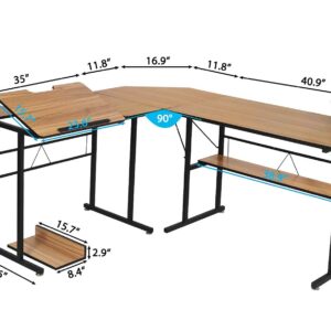 AODAILIHB L-Shaped Desk Corner Computer Desk Writing Desk Drawing Table Home Office Workstation Top Wood Surface Gaming Desk with Shelves (Wood)