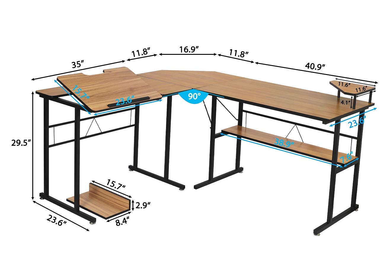 AODAILIHB L-Shaped Desk Corner Computer Desk Writing Desk Drawing Table Home Office Workstation Top Wood Surface Gaming Desk with Shelves (Wood)