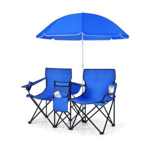 arlime double folding beach chairs, outdoor picnic portable loveseat chairs with removable umbrella & mini table carrying bag, camping chair for patio, pool, park (blue)