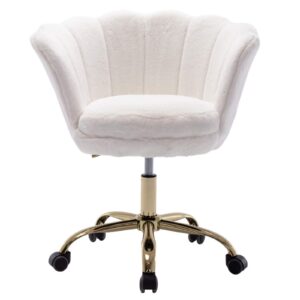 white desk chair fluffy task vanity chair home office chair adjustable rolling swivel chair with wheels for teens adults bedroom study room, faux fur