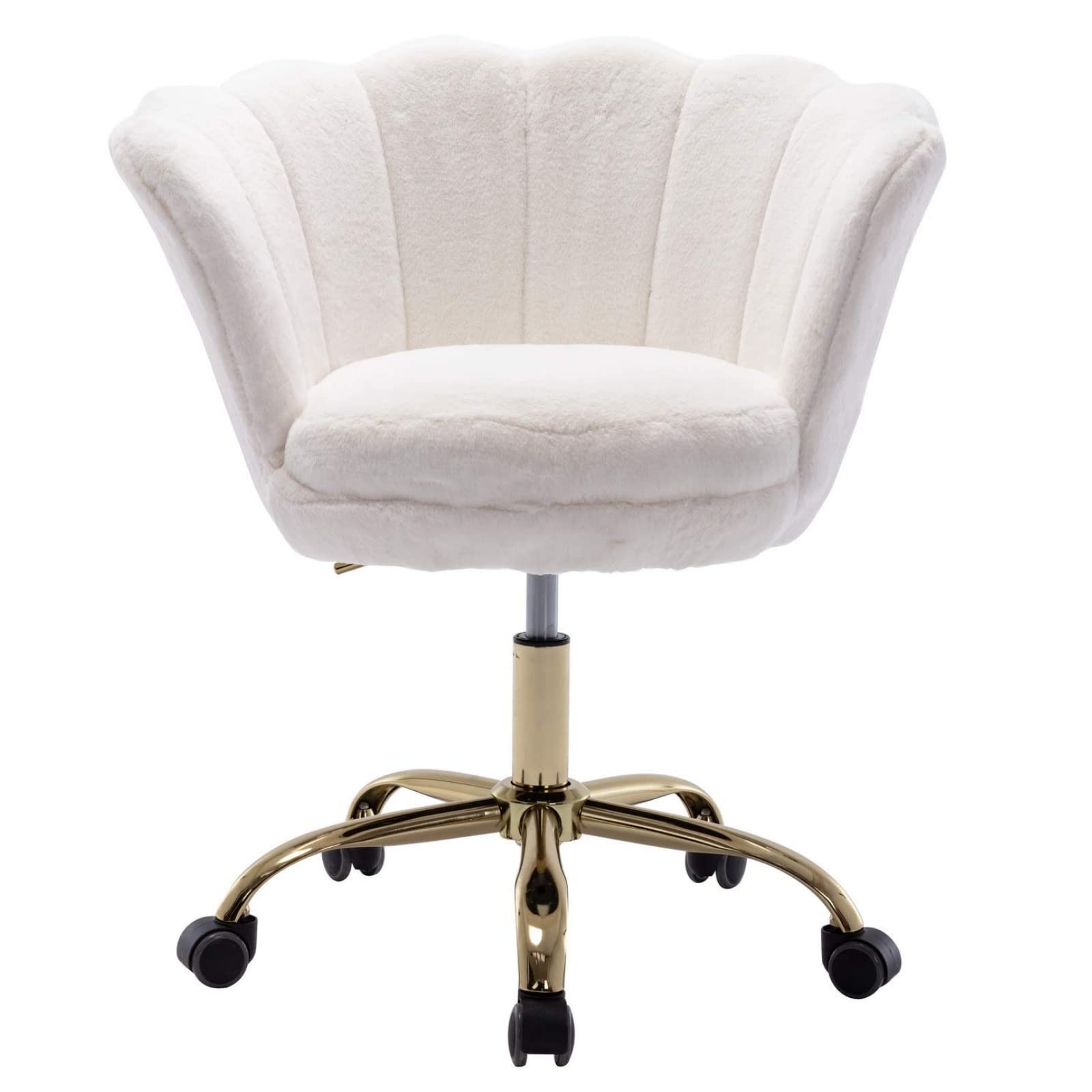 White Desk Chair Fluffy Task Vanity Chair Home Office Chair Adjustable Rolling Swivel Chair with Wheels for Teens Adults Bedroom Study Room, Faux Fur