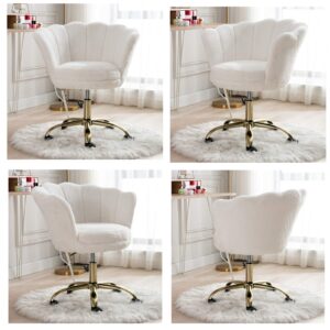 White Desk Chair Fluffy Task Vanity Chair Home Office Chair Adjustable Rolling Swivel Chair with Wheels for Teens Adults Bedroom Study Room, Faux Fur