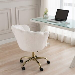 White Desk Chair Fluffy Task Vanity Chair Home Office Chair Adjustable Rolling Swivel Chair with Wheels for Teens Adults Bedroom Study Room, Faux Fur