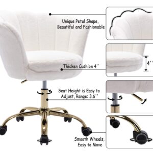 White Desk Chair Fluffy Task Vanity Chair Home Office Chair Adjustable Rolling Swivel Chair with Wheels for Teens Adults Bedroom Study Room, Faux Fur