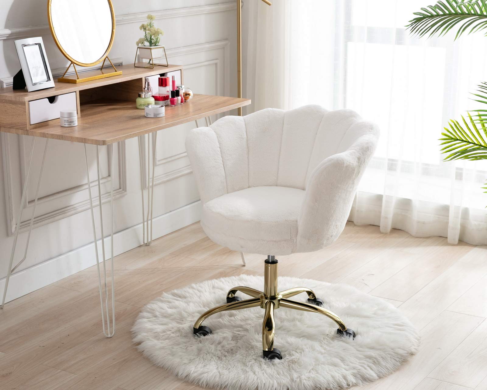 White Desk Chair Fluffy Task Vanity Chair Home Office Chair Adjustable Rolling Swivel Chair with Wheels for Teens Adults Bedroom Study Room, Faux Fur