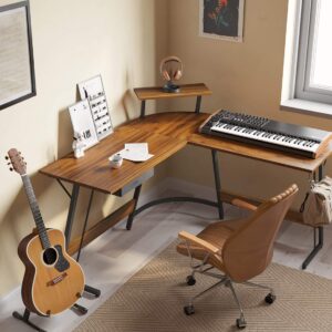 CubiCubi L Shaped Desk, Computer Corner Gaming Desk with Large Monitor Stand, 51.2" Home Office Writing Table, Workstation with Storage Drawer, Space-Saving, Walnut