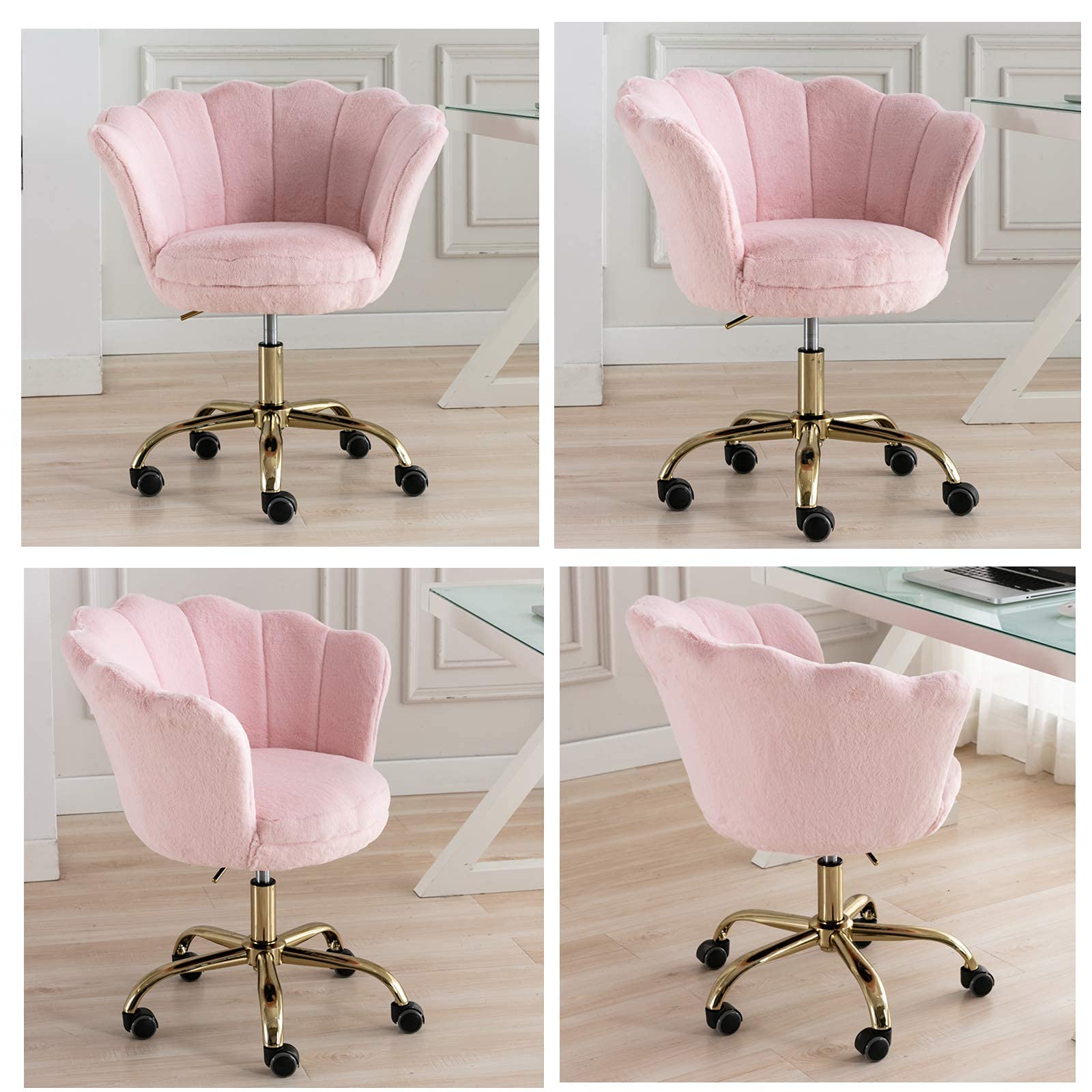 Pink Desk Chair Fluffy Task Vanity Chair Home Office Chair Adjustable Rolling Swivel Chair with Wheels for Teens Adults Bedroom Study Room, Faux Fur