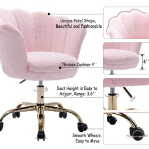 Pink Desk Chair Fluffy Task Vanity Chair Home Office Chair Adjustable Rolling Swivel Chair with Wheels for Teens Adults Bedroom Study Room, Faux Fur