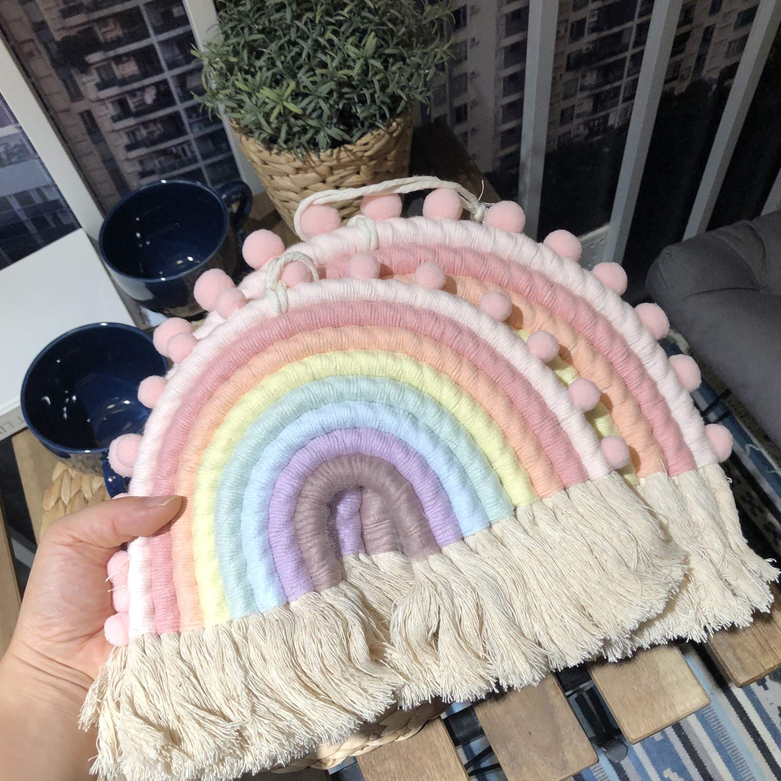 JILPAK Large Rainbow Wall Hanging, Pastel Fiber Rainbow Wall Hanging, Macrame Rainbow Wall Hanging Nursery Boho Decor Kids Room (10 x 14 inches)