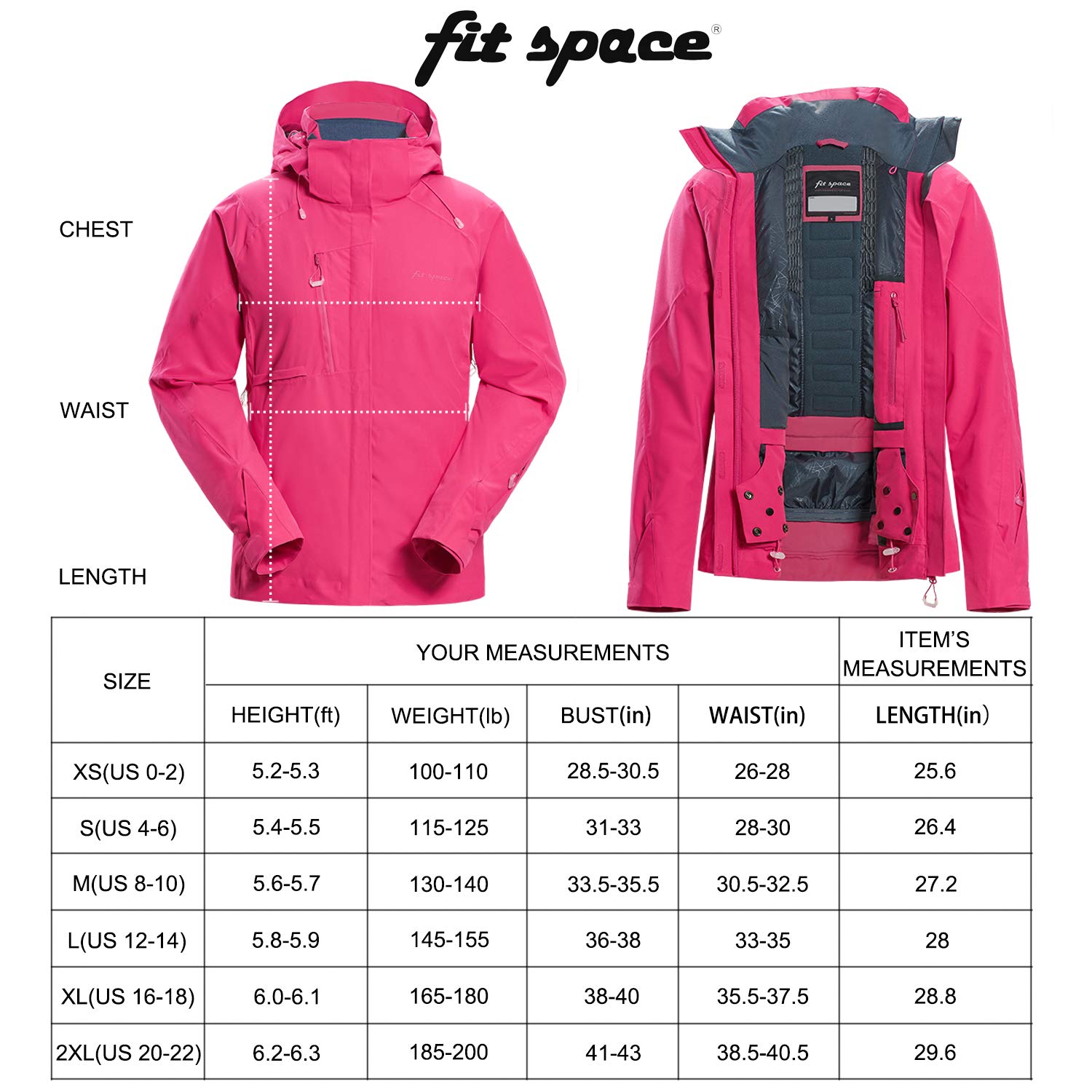 fit space Women's Winter Ski Coat Jacket Hooded Mountain Snowboarding Sports(Rose Pink,M)