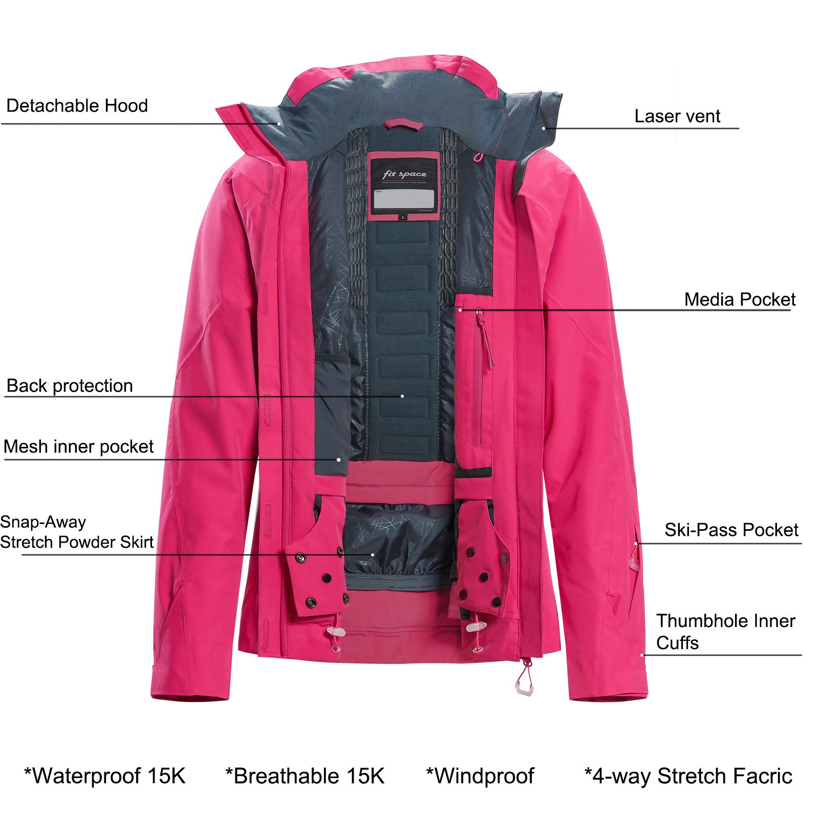 fit space Women's Winter Ski Coat Jacket Hooded Mountain Snowboarding Sports(Rose Pink,M)