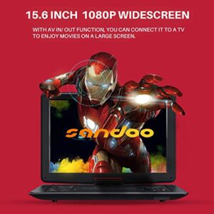 Sandoo Portable DVD Player, Portable DVD Player for Car with 4 Hours Rechargeable Battery, Large 15.6“ Screen DVD Player Sync TV Support USB/SD Card, Multiple Disc Formats, MP2207