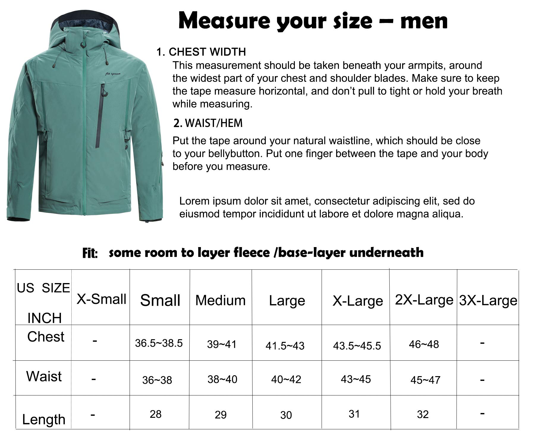 fit space Snow Ski Jacket for Men Windproof Waterproof Breathable Insulated Snowboard Coat(Charcoal,S)