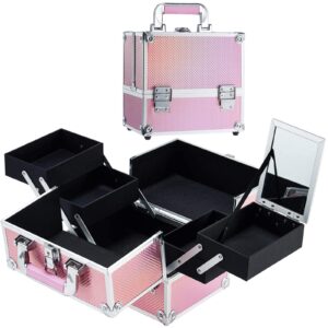 stagiant makeup train case, makeup box for girls with nail polish organizer cosmetic jewelry organizer lockable with keys, mirror, 4 tier trays, pink handle makeup storage - pink mermaid