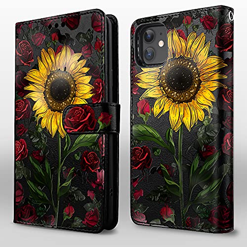 Shields Up iPhone 11 Case, [Detachable] Magnetic Wallet Case with Card Slots & Wrist Strap for Girls/Women, [Vegan Leather] Shockproof Cover for Apple iPhone 11 (6.1 inch) - Rose Flower/Sunflower