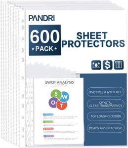 sheet protectors, pandri 600 pack clear heavy duty plastic page protectors sheet reinforced 11-hole fit for 3 ring binder fits standard 8.5 x 11 paper, 9.25 x 11.25 top loaded, acid free