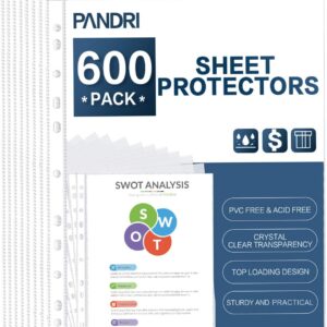 Sheet Protectors, PANDRI 600 Pack Clear Heavy Duty Plastic Page Protectors Sheet Reinforced 11-Hole Fit for 3 Ring Binder Fits Standard 8.5 x 11 Paper, 9.25 x 11.25 Top Loaded, Acid Free