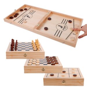 juegoal 4-in-1 wooden fast sling puck set for kids and adults, chess, checkers, tic tac toe games, travel portable folding tabletop chess board game sets, interactive families toys