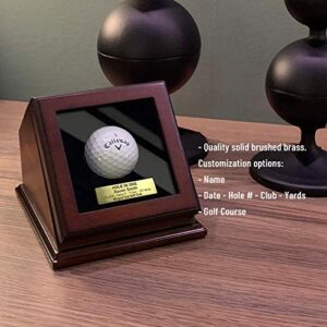 ChezMonett Hole in One Golf Ball Display Case Box - Custom Plaque Engraving - Wood with Glass Lid - Single