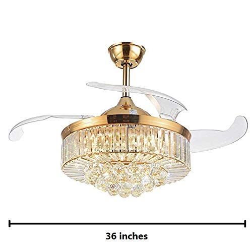 OUKANING Modern Dimmable Crystal Ceiling Fan with Lights and Remote Invisible Retractable Chandelier Fan Light LED Ceiling Light （36 inch） (Golden)