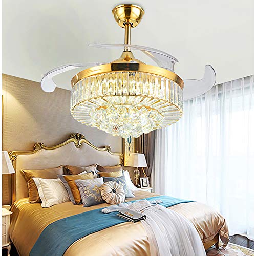 OUKANING Modern Dimmable Crystal Ceiling Fan with Lights and Remote Invisible Retractable Chandelier Fan Light LED Ceiling Light （36 inch） (Golden)