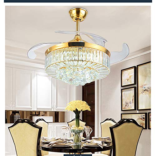 OUKANING Modern Dimmable Crystal Ceiling Fan with Lights and Remote Invisible Retractable Chandelier Fan Light LED Ceiling Light （36 inch） (Golden)