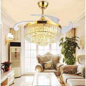 OUKANING Modern Dimmable Crystal Ceiling Fan with Lights and Remote Invisible Retractable Chandelier Fan Light LED Ceiling Light （36 inch） (Golden)