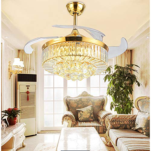 OUKANING Modern Dimmable Crystal Ceiling Fan with Lights and Remote Invisible Retractable Chandelier Fan Light LED Ceiling Light （36 inch） (Golden)