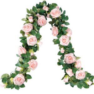 whonline 3pcs 19.7ft artificial pink flower garland silk rose vines hanging fake rose garland for backdrop wedding party table centerpiece garden outdoor decorations