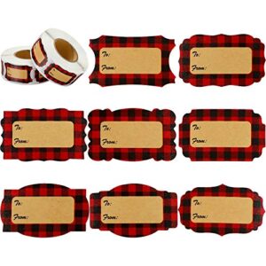 1000 pieces red buffalo plaid natural kraft christmas tag labels 8 styles self adhesive decorative christmas label stickers for thanksgiving holiday wedding party arts, 2 x 1.2 inches