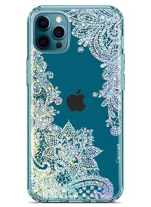 coolwee clear glitter compatible with iphone 12 pro max case thin flower cute crystal lace bling women girls floral plastic hard back soft tpu bumper protective cover slim fit mandala henna