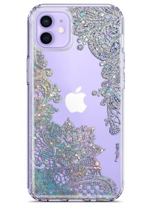 coolwee clear glitter compatible with iphone 12 case thin flower slim cute crystal lace bling women girl floral hard back soft tpu bumper protective cover for iphone 12 pro mandala henna sparkle