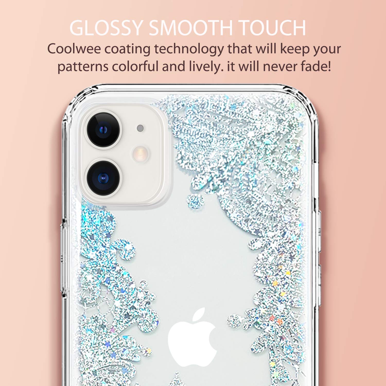 Coolwee Clear Glitter Compatible with iPhone 12 Case Thin Flower Slim Cute Crystal Lace Bling Women Girl Floral Hard Back Soft TPU Bumper Protective Cover for iPhone 12 Pro Mandala Henna Sparkle