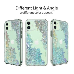 Coolwee Clear Glitter Compatible with iPhone 12 Case Thin Flower Slim Cute Crystal Lace Bling Women Girl Floral Hard Back Soft TPU Bumper Protective Cover for iPhone 12 Pro Mandala Henna Sparkle