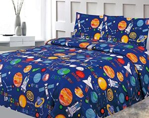 linentopia 3 piece space themed twin bed sheets for kids - fitted sheet, kids' sheet & pillowcase sets - planets, solar system bedroom kit - toddler bed sheet - twin size