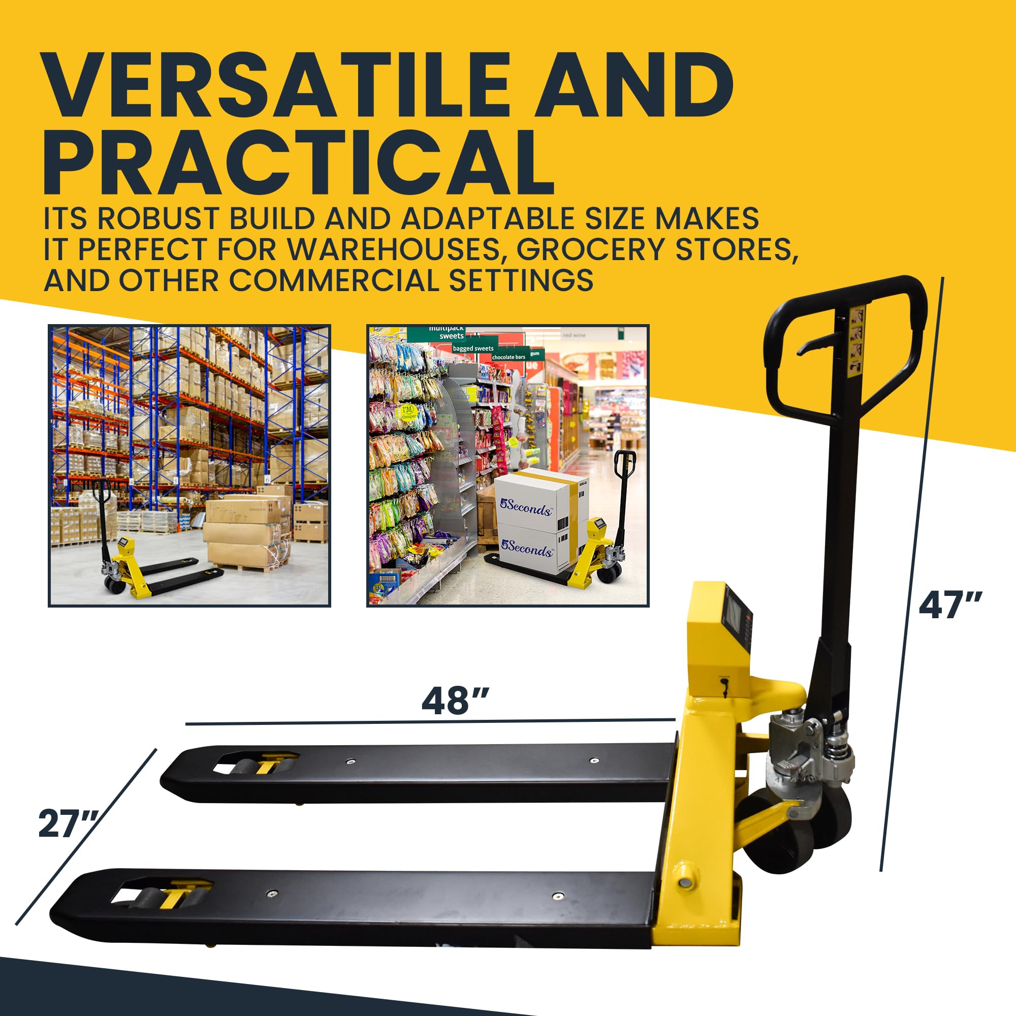 5Seconds - Steel Pallet Jack with Scale, Battery-Powered Hand Lift Jack Tool with LED Display, Safe Moving Equipment for Industrial & Commercial Use, 48" L x 27" W x 47”H, 5000lb Capacity