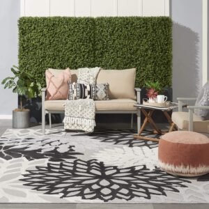 nourison aloha indoor/outdoor black white 7' x 10' area rug, tropical, botanical, easy cleaning, non shedding, bed room, living room, dining room, deck, backyard, patio (7x10)