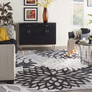 Nourison Aloha Indoor/Outdoor Black White 7' x 10' Area Rug, Tropical, Botanical, Easy Cleaning, Non Shedding, Bed Room, Living Room, Dining Room, Deck, Backyard, Patio (7x10)