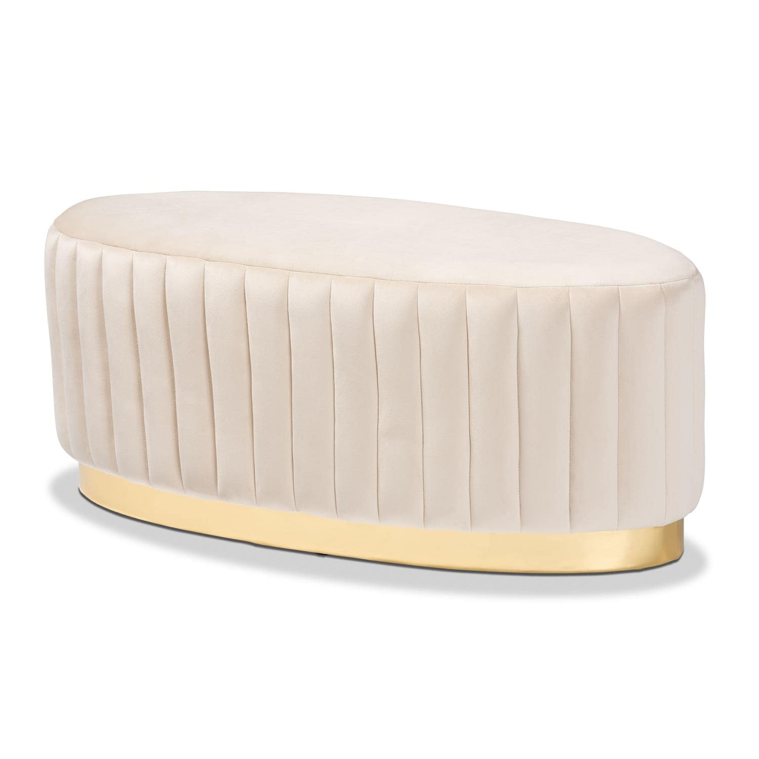 Baxton Studio Kirana White Velvet Fabric Upholstered and Gold PU Leather Ottoman