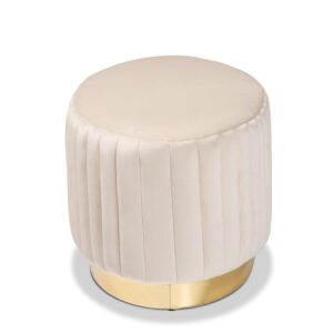 Baxton Studio Kirana White Velvet Fabric Upholstered and Gold PU Leather Ottoman